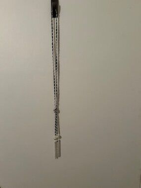 Long Chain Tassel Necklace Black & Silver Tone | Faux Pearl Accent | 26” + Ext |